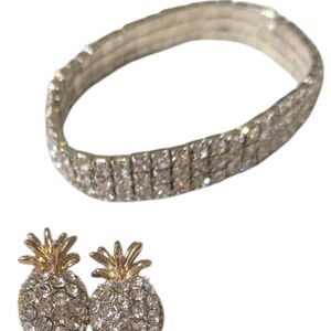 Gold Tone Rhinestone Pineapple Earrings & Stretch Tennis Bracelet Set Sparkly